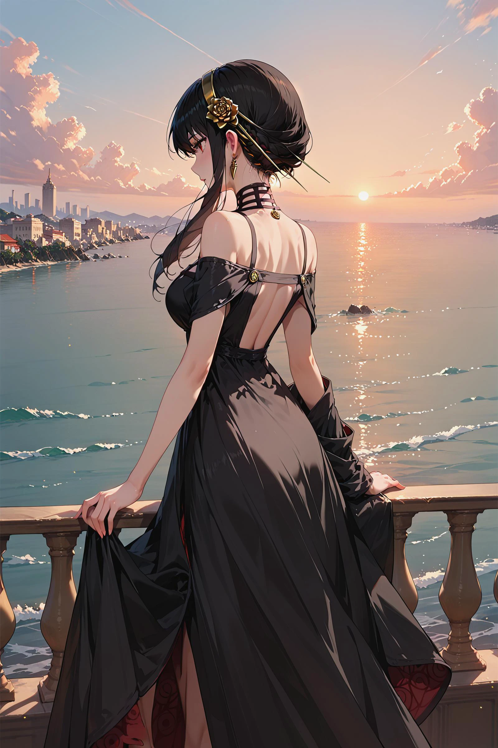 score_9, score_8_up, score_7_up,
1girl, solo, yor briar \(spy x family\), black dress, cowboy shot, empty hands, dress, perfect hands:1.5,
outdoor, Greece, Santorini, beautiful sunset, ocean, cityscape:1.5,
urushihara satoshi style,
<lora:woman_consistency_v2-loha:0.6>, <lora:Styles for Pony Diffusion V6 XL CAT:0.2>, <lora:pixivtext2:0.2>, <lora:cnv3mdde878c738thn20:0.3>, <lora:super lora_flyx3_XL_PONY:0.2>