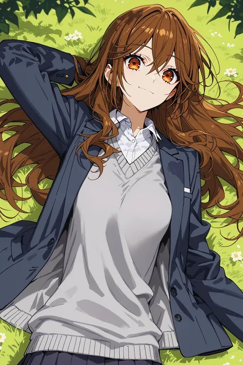 score_9, score_8_up, score_7_up, hand up,
1girl, (solo), kyouko hori, long hair, bangs, brown hair, hair between eyes, brown eyes, shirt, school uniform, jacket, blazer, sweater, grey sweater, white shirt, black blazer, huge eyes, long sweater, 
narrow waist, medium breasts,
light smile,
cowboy shot,
lying, arms behind head, on grass, 
<lora:kyouko-hori-s2-ponyxl-lora-nochekaiser:1>,  <lora:wada_arco_PonyXL_style_v01:0.5>,  <lora:pixivtext2:0.4>, <lora:urushihara-lora04_PonyXL:0.4>,   <lora:gg3:0.5>,  <lora:Sinozick_Style_XL_Pony:0.3>, <lora:DefaultZ17:0.5>