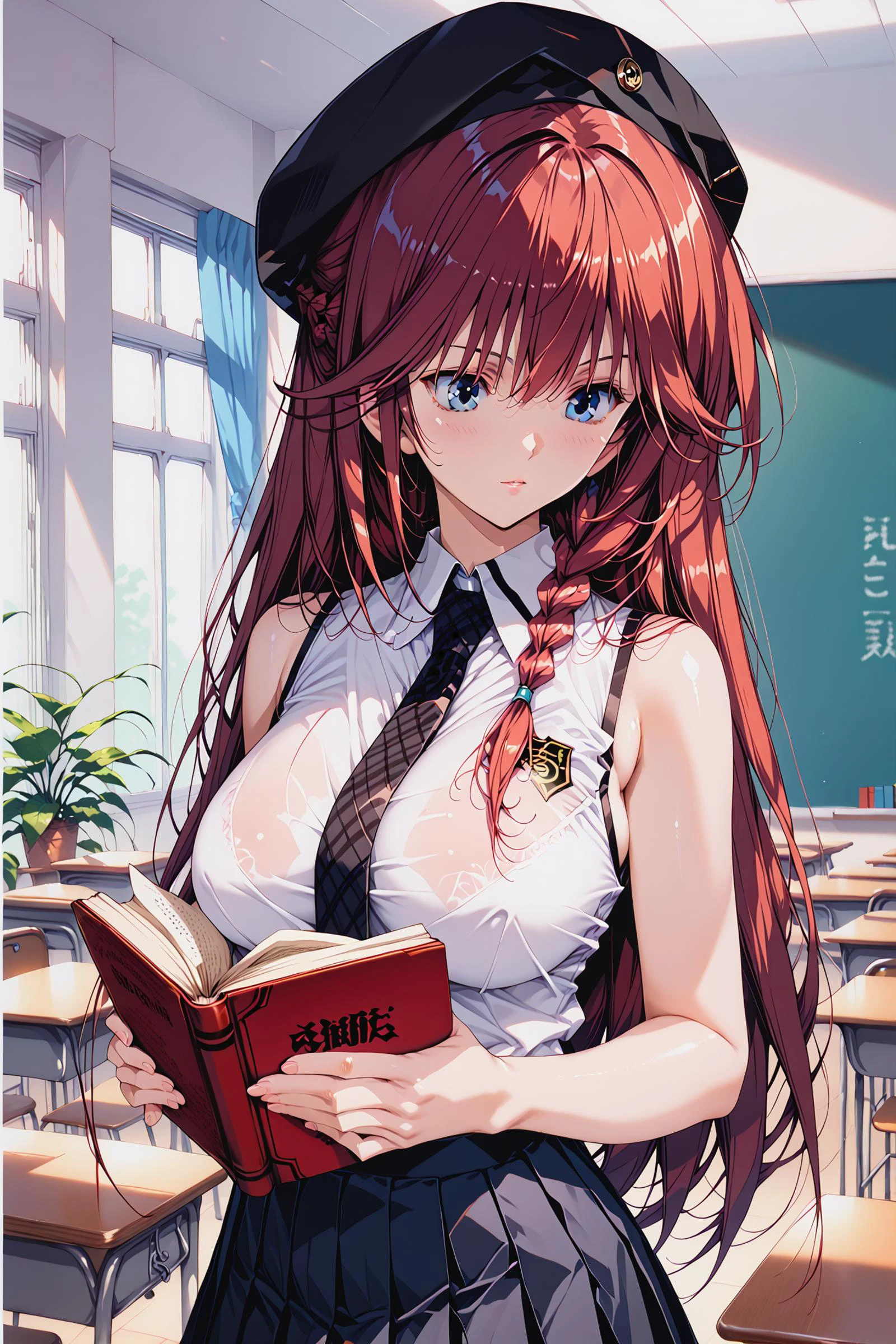score_9, score_8, score_7, score_6_up, , score_5_up, urushihara satoshi style,
(untucked, untucked shirt), black necktie, solo, white shirt, long shirt, bare arms, sleeveless,bare arms, bare shoulders,
open books, reading,
1girl, lillith asami, red hair, long hair, side braid, single braid,
hat, beret, collared shirt, plaid necktie, pleated skirt, black skirt, miniskirt,
huge breasts,
blue eyes, holding books,reading,
blurry background, cowboy shot, classroom, writing on the blackboard,
<lora:LillithAsamiPdxlDwnsty:0.9>, <lora:gg3:0.6>, <lora:Sinozick_Style_XL_Pony:0.3>, <lora:DefaultZ17:0.2>, <lora:flyx3_XL_PONY:0.4> , <lora:woman_consistency_v2-loha:0.5>, <lora:pixivtext2:0.3>, <lora:Urushihara Satoshi_XL_PONY_V2:0.6>