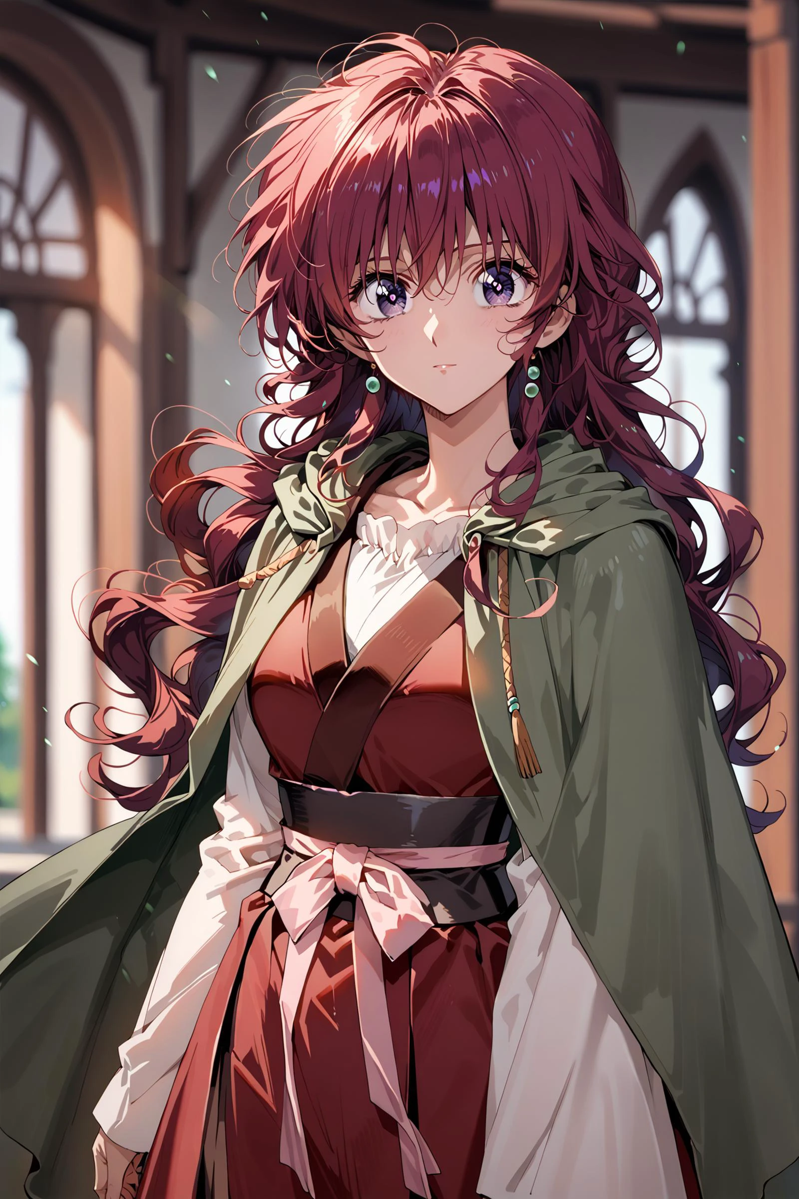score_9, score_8_up, score_7_up, score_ANIME,
1girl, solo, yona1, purple eyes, purple red hair, blurry background, particles, (huge eyes), smaller pupils, light green cape, looking at viewer, mature female, very long hair, wavy hair,
cowboy shot,
<lora:YONA:0.8>, <lora:Akizero_style:0.4> , <lora:Urushihara Satoshi_XL_PONY_V2:0.6> , <lora:woman_consistency_v2-loha:0.6> , <lora:pixivtext2:0.4>