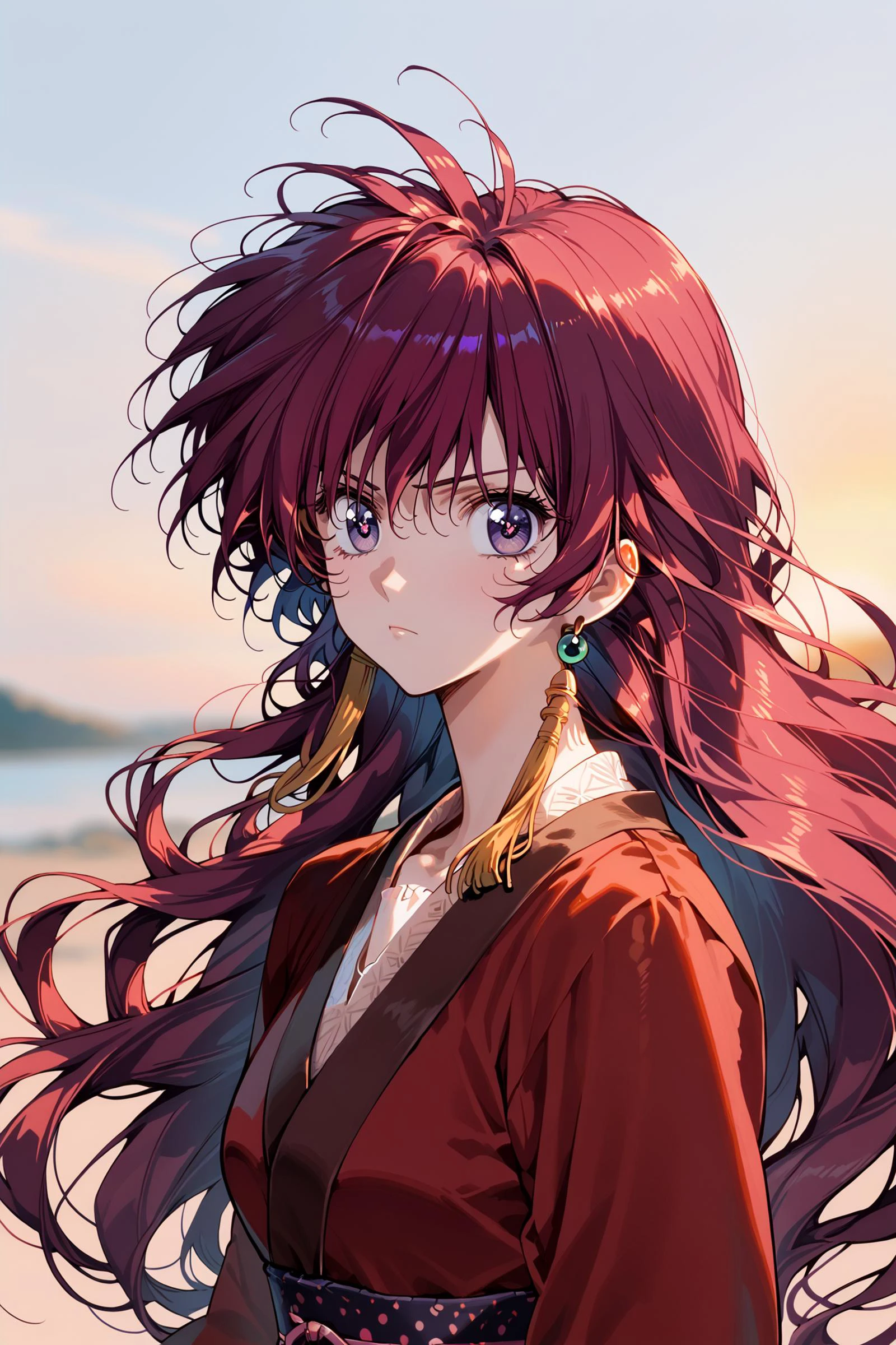 score_9, score_8_up, score_7_up, score_ANIME, (very long hair), (wavy hair),
1girl, solo, yona1, purple eyes, Tassel earrings, purple red hair, blurry background, , (huge eyes), smaller pupils, looking at viewer, mature female,
upper body,
close up,
sunset, wind, (cynical), serious, hair blowing, floating hair,
<lora:YONA:0.8>, <lora:Akizero_style:0.4> , <lora:Urushihara Satoshi_XL_PONY_V2:0.6> , <lora:woman_consistency_v2-loha:0.6> , <lora:pixivtext2:0.4>