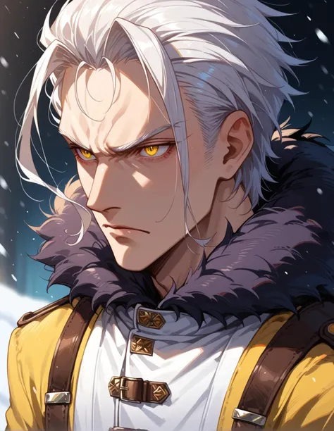 score_9, score_8_up, score_7_up, score_6_up, score_5_up, score_4_up, 1man, adult, serious face, Orsted, white hair, yellow eyes, jacket, boots, walking in a snowy pass, very detailed, detailed eyes, perfect eyes, long squared face, (((portrait))), fur trim, upper body, depth of field, scales on the side of the head, <lora:OrstedXL-Pony:1>, <lora:Sinozick_Style_XL_Pony:0.2>, <lora:DefaultZ17:0.2>, <lora:style1:0.2>, <lora:flyx3_XL_PONY:0.2>, <lora:pixivtext2:0.2>, <lora:K3R4X_Portraits:0.45>,