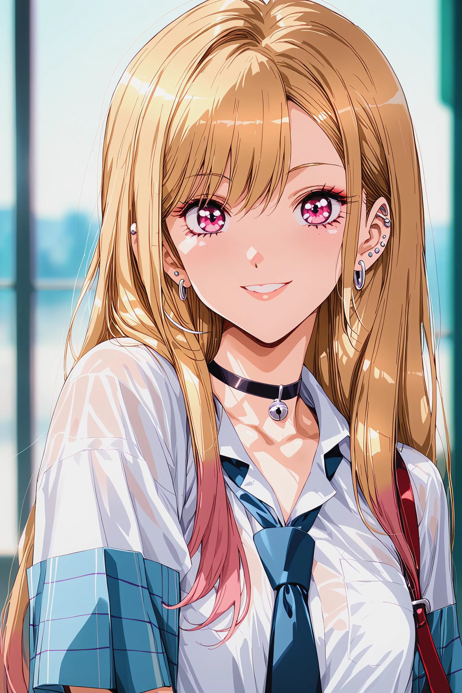 score_9, score_8_up, score_7_up, smile, looking at viewer,
1girl, tKitagawaMarin, multicolored hair, blonde hair, long hair, magenta eyes, ear piercing, earrings, pink nails, makeup, MarinSchool, bead bracelet, black choker, neck bell, white shirt, short sleeves, blue necktie, plaid skirt,
upper body, close up,
blurry background,
<lora:SonoBisqueDoll_KitagawaMarinXL:0.8>, <lora:Urushihara Satoshi_XL_PONY_V2:0.8> , <lora:Nagaredamaya_BANG-YOUs_Assorted_Doujin_Artstyle_Blend_PonyXL:0.4>, <lora:DefaultZ17:0.25>, <lora:gg3:0.6>, <lora:pixivtext2:0.5>