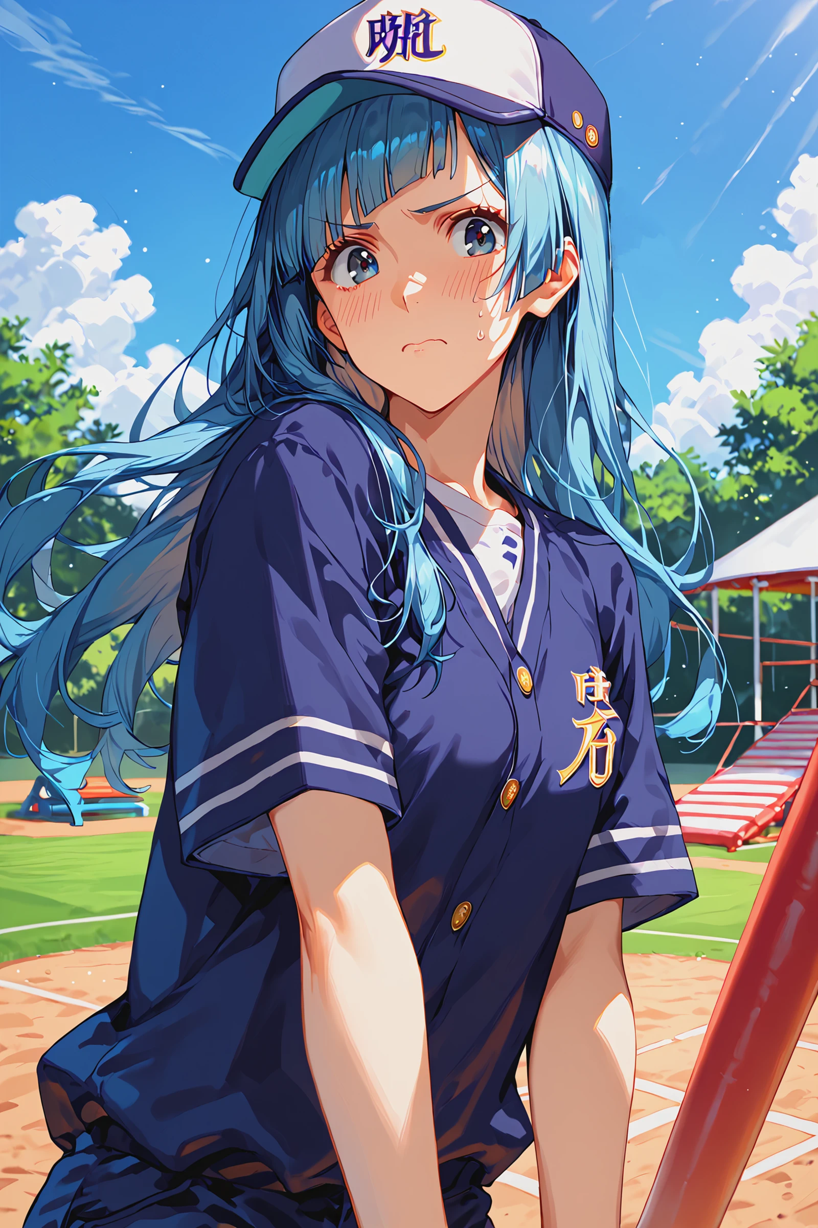 score_9, score_8_up, score_7_up,
1girl, solo, kasumi miwa, blue eyes, blue hair, straight hair, indigo Baseball uniform, indigo baseball cap, embarrassed expression,
cowboy shot,
school playground, looking at viewer,
<lora:Urushihara LoRA 2:0.5>, <lora:Kasumi Miwa PDXL:0.85>, <lora:gg3:0.5> , <lora:pixivtext2:0.3>