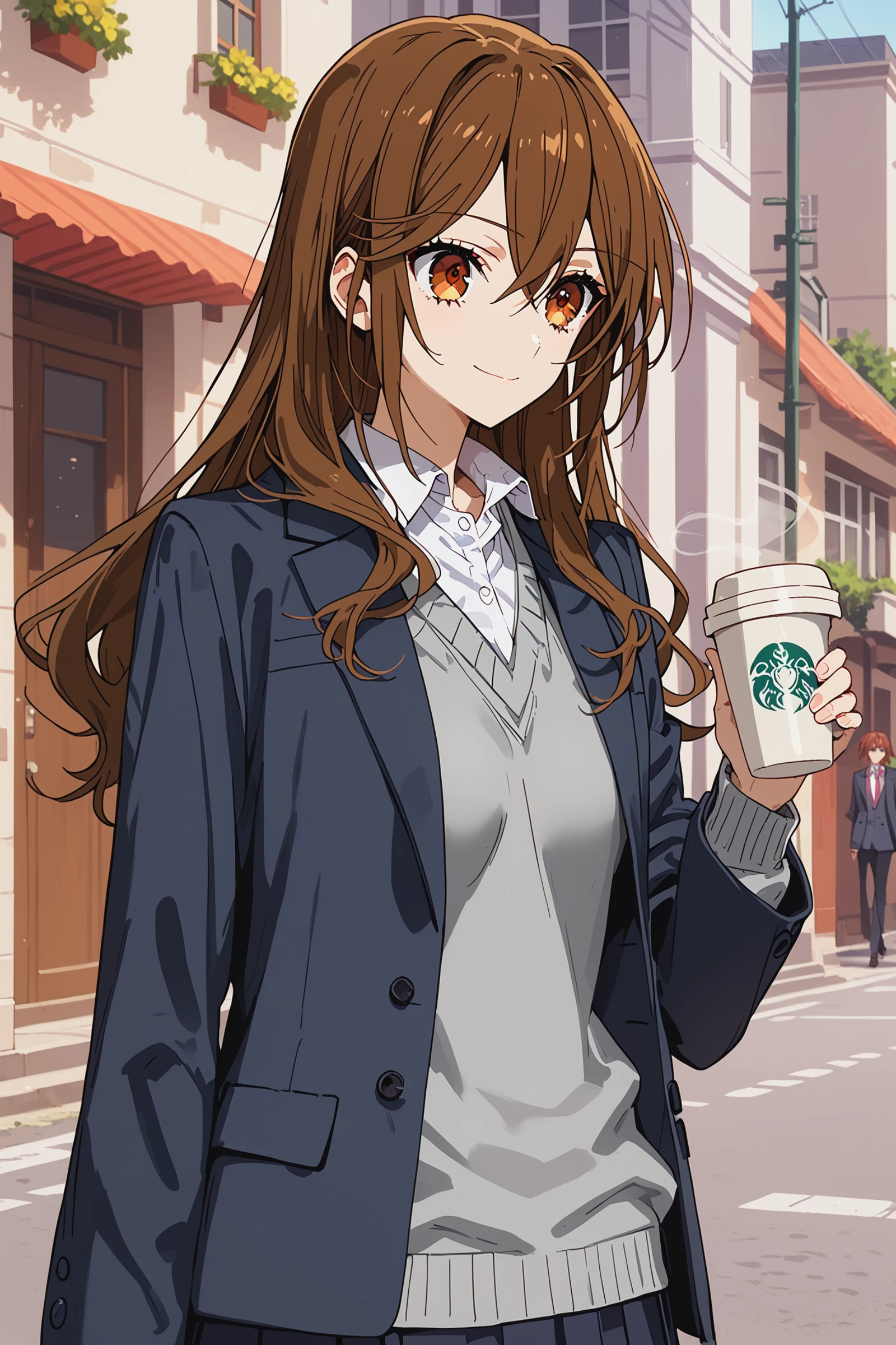 score_9, score_8_up, score_7_up, hand up,
1girl, (solo), kyouko hori, long hair, bangs, brown hair, hair between eyes, brown eyes, shirt, school uniform, jacket, blazer, sweater, grey sweater, white shirt, black blazer, huge eyes, long sweater,
narrow waist, medium breasts,
light smile,
cowboy shot,
walking, street, coffee, european architecture,
<lora:kyouko-hori-s2-ponyxl-lora-nochekaiser:1>, <lora:wada_arco_PonyXL_style_v01:0.5>, <lora:pixivtext2:0.4>, <lora:urushihara-lora04_PonyXL:0.4>, <lora:gg3:0.5>, <lora:Sinozick_Style_XL_Pony:0.3>, <lora:DefaultZ17:0.5>