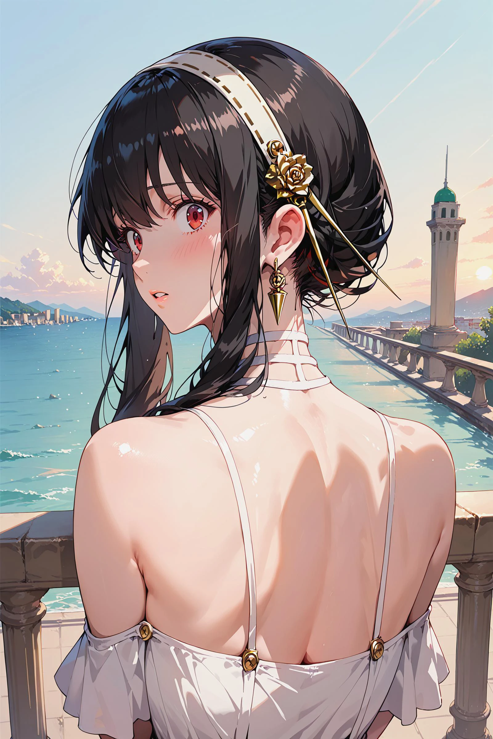 score_9, score_8_up, score_7_up,
1girl, solo, yor briar \(spy x family\), white dress, empty hands, dress, perfect hands:1.5, looking back, upper body, sad, surprised, parted lips, wide-eyed, looking at viewer,
outdoor, Greece, Santorini, beautiful sunset, ocean, cityscape,
urushihara satoshi style, from behind, stone pillar railing,
<lora:woman_consistency_v2-loha:0.6>, <lora:Styles for Pony Diffusion V6 XL CAT:0.2>, <lora:pixivtext2:0.2>, <lora:cnv3mdde878c738thn20:0.3>, <lora:super lora_flyx3_XL_PONY:0.2>