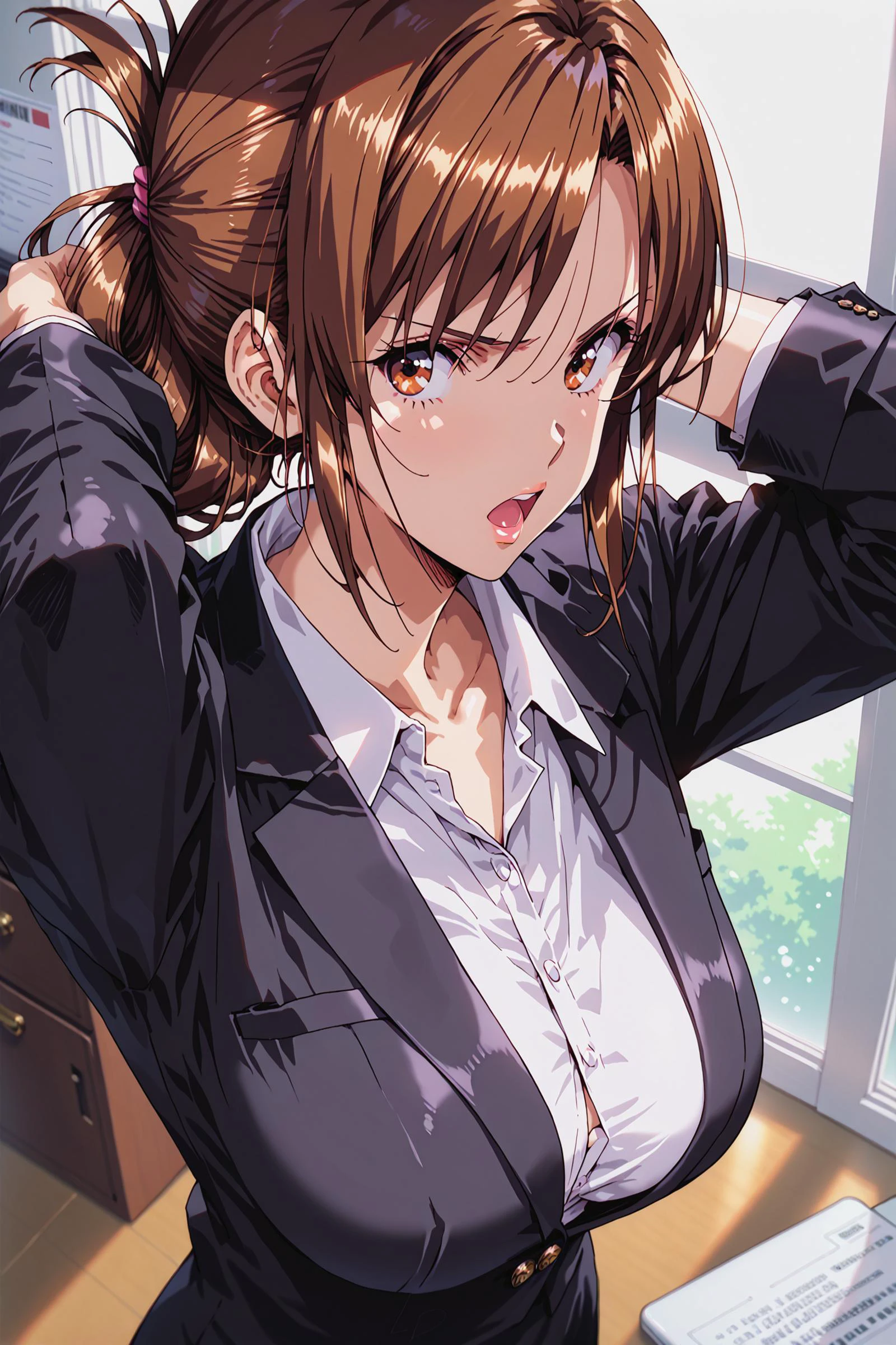 score_9, score_8_up, score_7_up,
upper body, brown eyes, standing, open mouth, looking to the side, serious, arms behind head, looking at viewer, from above, mouth wide open,
1girl, solo, hisato azuma, brown hair,
large breasts, mature female,
formal, suit, office lady, pencil skirt, black skirt, black jacket, folded ponytail,
office, desk laptop, window,
urushihara satoshi style,
<lora:hisato-azuma-ova-ponyxl-lora-nochekaiser:0.7>, <lora:gg3:0.45>, <lora:Sinozick_Style_XL_Pony:0.5>, <lora:woman_consistency_v2-loha:0.5>, <lora:pixivtext2:0.3>, <lora:super lora_flyx3_XL_PONY:0.65> , <lora:cnv3mdde878c738thn20:0.1>
