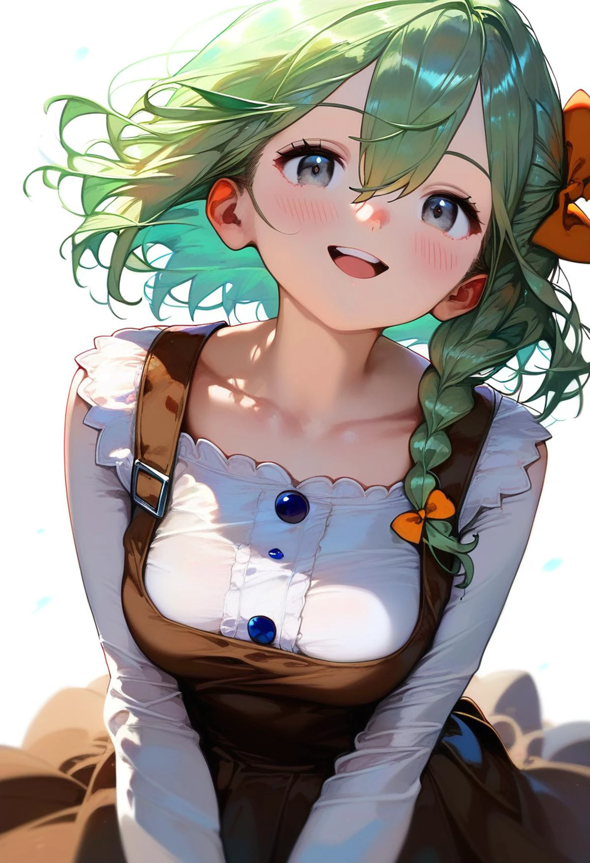 score_9, score_8_up, score_7_up, 1girl, simple background, white background, smile, bow, head tilt, pleated dress, solo, pinafore dress, breasts, white shirt, side braid, single braid, shirt, collarbone, medium hair, cowboy shot, medium breasts, sleeveless, open mouth, orange bow, grey eyes, eyes visible through hair, :d, hair bow, brown dress, dress, v arms, long sleeves, hair between eyes, sleeveless dress, braid, looking at viewer, light green hair, blush, <lora:bettershading:1>