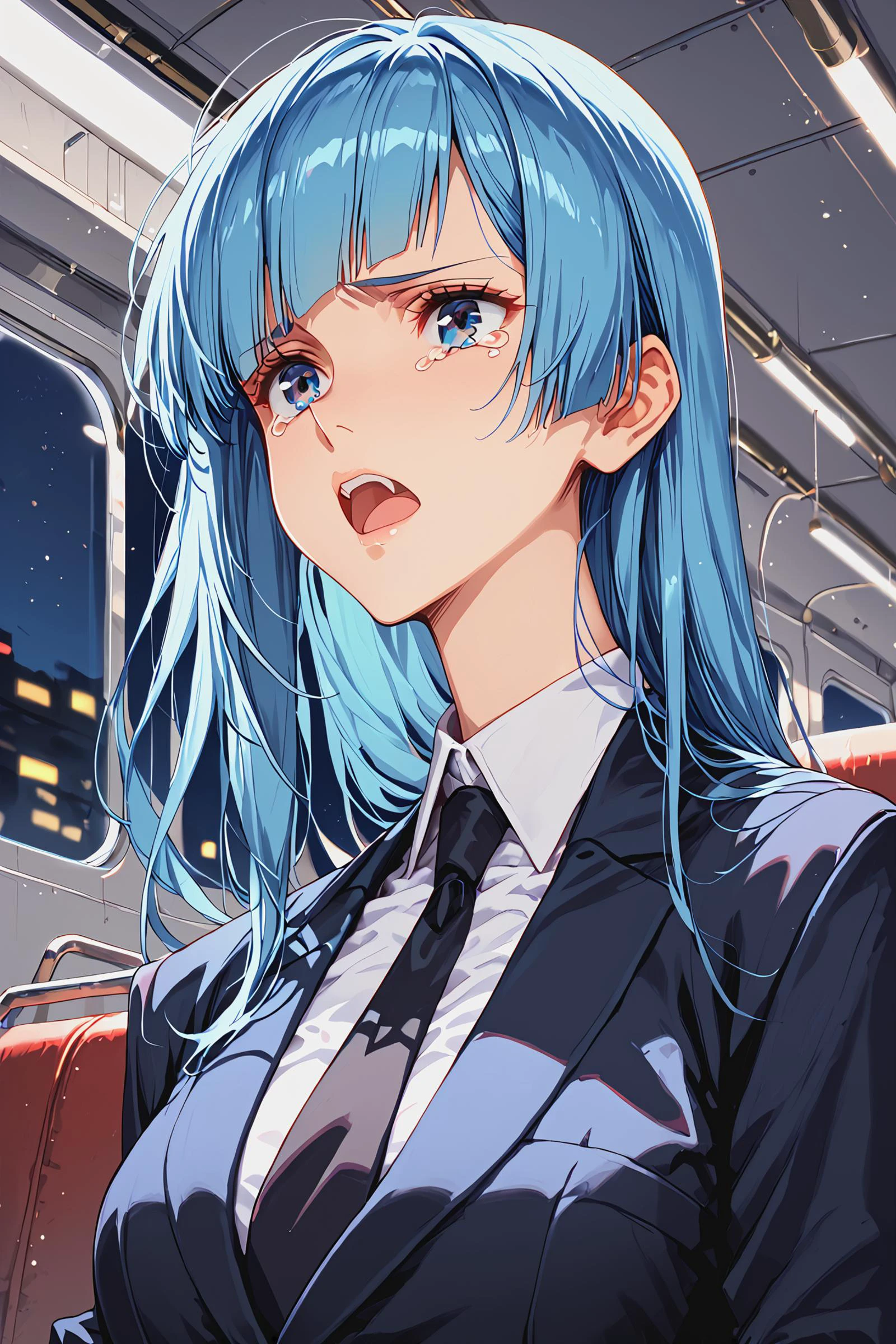 score_9, score_8_up, score_7_up,
1girl, solo, kasumi miwa, blue eyes, blue hair, straight hair, black suit, black necktie, white shirt,
upper body,
high speed train, seats, sad expression, sitting, tears, (night),from below, open open mouth, Distorted expression,
<lora:Urushihara LoRA 2:0.5>, <lora:Kasumi Miwa PDXL:0.8>, <lora:gg3:0.5> , <lora:pixivtext2:0.3>
