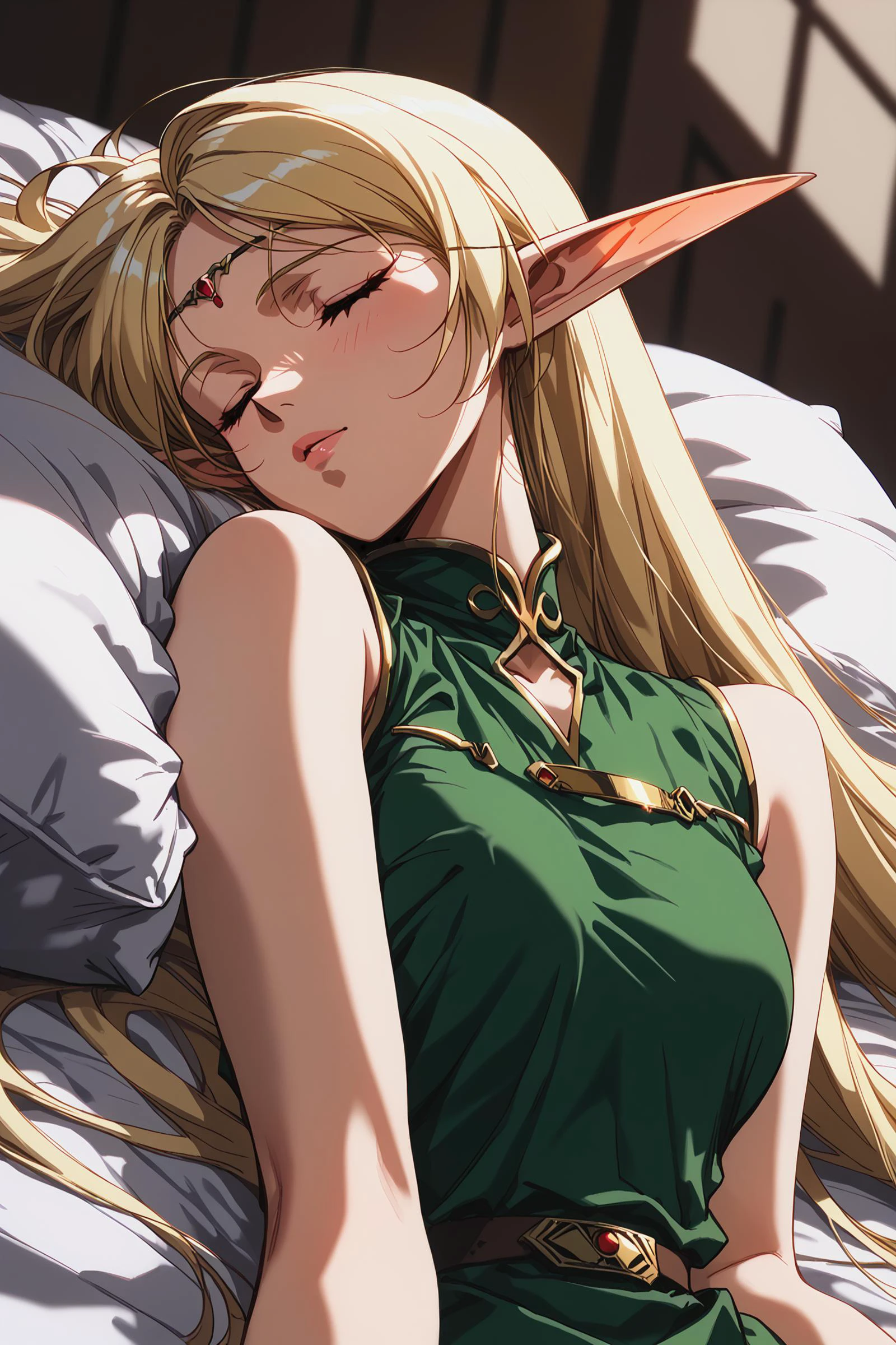 score_9, score_8, score_7, score_6_up, score_5_up,
deedlit, green tunic, gold choker, short tunic,
1girl, long hair, blonde, elf, sleeveless,
beautiful face, 24 years old,
closed eyes,
bangs,
record of lodoss war,
upper body,
bed sheet, sleeping,
<lora:Degen_Deedlit_v1:0.55>, <lora:TOO_NobuteruYuuki_v3B_PonyXL:0.55>, <lora:PirotessXLpony001:0.3>, <lora:Urushihara Satoshi_XL_PONY_V2:0.4>, <lora:Sinozick_Style_XL_Pony:0.2>, <lora:DefaultZ17:0.2>, <lora:style1:0.2>, <lora:pixivtext2:0.2>,