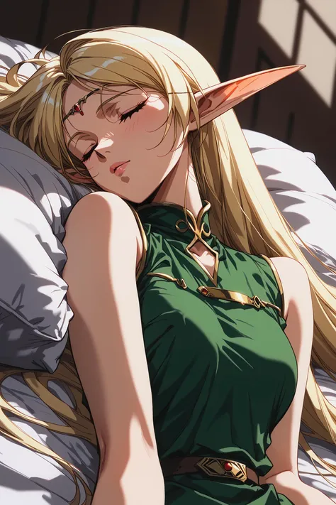 score_9, score_8,  score_7, score_6_up, score_5_up,
deedlit, green tunic, gold choker, short tunic, 
1girl, long hair, blonde, elf, sleeveless, 
beautiful face, 24 years old,
closed eyes, 
bangs,
record of lodoss war,
upper body,  
bed sheet,  sleeping, 
<lora:Degen_Deedlit_v1:0.55>,  <lora:TOO_NobuteruYuuki_v3B_PonyXL:0.55>,  <lora:PirotessXLpony001:0.3>,  <lora:Urushihara Satoshi_XL_PONY_V2:0.4>,  <lora:Sinozick_Style_XL_Pony:0.2>,  <lora:DefaultZ17:0.2>,  <lora:style1:0.2>,   <lora:pixivtext2:0.2>,