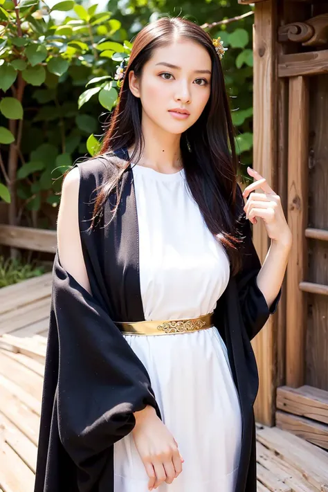 masterpiece, best quality, 1girl, beautiful detailed eyes, black hair, closed mouth, outdoors, solo, (((upper body))), alluring, clean, beautiful face, huge breast,pure face, pale skin, sexy pose, long hair, ((perfect female figure)), mature female, milf, highly exposed, chinese deity, hanfu,dress,high heels