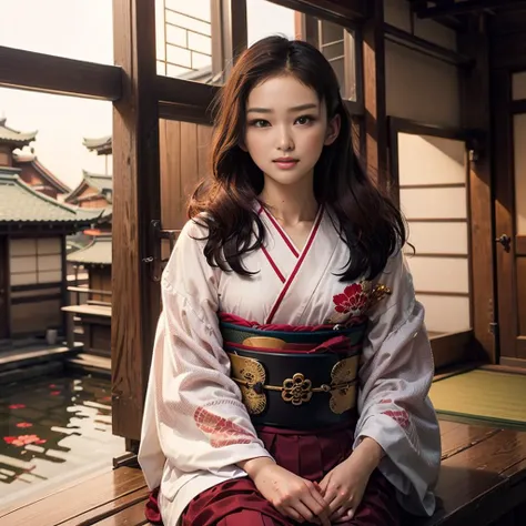best quality, masterpiece,1girl, fan in hand , sitting, solo, brown hair, red japanese clothes, architecture, brown eyes, water, east asian architecture, <lora:popularTrainedOnTheMost_v10:1>, <lora:EmiTakei_v10:1>, pureerosface_v1