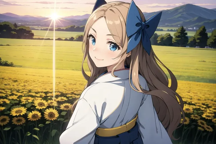 best quality, highres,
1girl,
<lora:KCasakaze:0.8:lbw=1,1,1,1,1,1,1,1,1,1,1,0,0,0,0,0,0>kcaskz,
long wavy light brown hair,parted bangs,forehead,blue eyes,
blue bow,
japanese clothes,white kimono,wide sleeves,blue hakama skirt,
upper_body, lens_flare, dusk, open field, smile, wind, view from behind, official art,