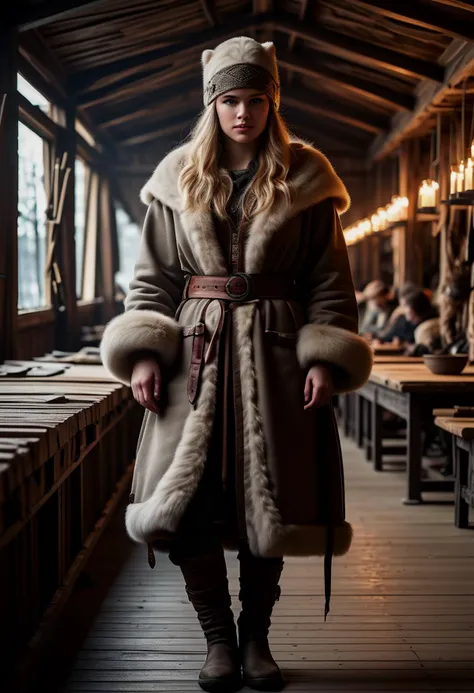 (medium full shot) of (attractive young woman:1.1) viking,             wearing Norse explorer attire with fur-trimmed coat, linen tunic, leather belt, woolen trousers, leather boots, fur hat, spear with an ash wood shaft and iron spearhead,  set in  viking Longhouse, Massive timber structure with a roaring hearth, long wooden tables and benches, animal skins draped over beams, flickering torches on the walls, and the scent of smoked meat in the air , at night. ,Masterpiece,best quality, photorealistic, amazing quality, very aesthetic, extremely detailed face,