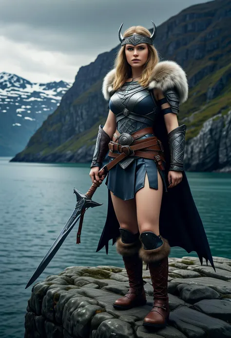 (medium full shot) of (attractive young woman:1.1) viking,             wearing Viking battle maiden outfit with metal breastplate, leather skirt, leather bracers, fur boots, winged helmet, seax with a single-edged blade and antler handle,  set in  Fjord Shoreline, Rugged cliffs towering above crystal-clear waters, seagulls circling overhead, jagged rocks jutting out of the sea, a small fishing boat anchored nearby . ,Masterpiece,best quality, photorealistic, amazing quality, very aesthetic, extremely detailed face,