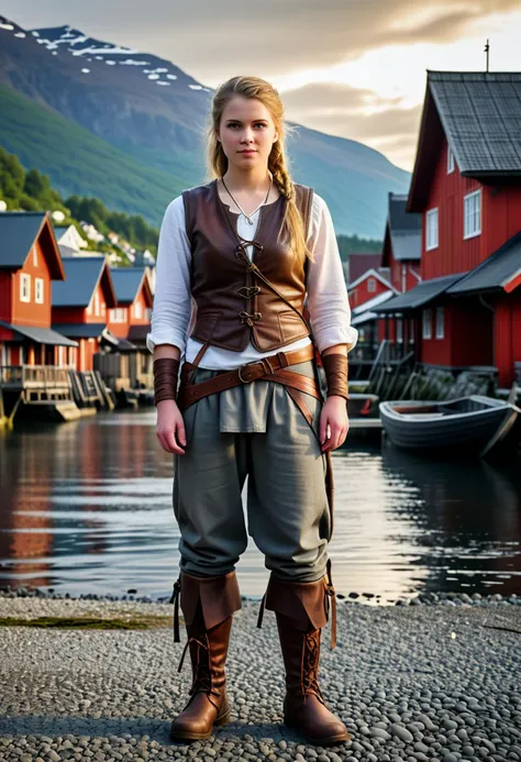 (medium full shot) of (lovely young woman:1.1) viking,             wearing Seafaring raider costume with leather vest, linen tunic, leather bracers, linen trousers, leather boots, spangenhelm, bow with a sinew string and ash wood limbs,  set in  Fjord Village, Quaint village nestled between towering mountains, colorful houses dotting the shoreline, fishing nets hung out to dry, the sound of laughter echoing through the narrow streets , at sunset. ,Masterpiece,best quality, photorealistic, amazing quality, very aesthetic, extremely detailed face,