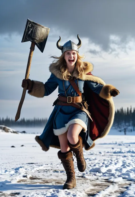 (medium full shot) of (esthetic young woman:1.1) viking,             wearing Viking princess costume featuring fur-trimmed dress, fur cloak, hide belt, fur-lined boots, crown helmet, war hammer laughing, jumping in the air,  .set in  Viking Battlefield, Snow-covered landscape with hastily erected barricades, footprints marking the frozen ground, war drums pounding in the distance, smoldering fires emitting wisps of smoke, the sound of steel clashing  , ,Masterpiece,best quality, photorealistic, amazing quality, very aesthetic, extremely detailed face,