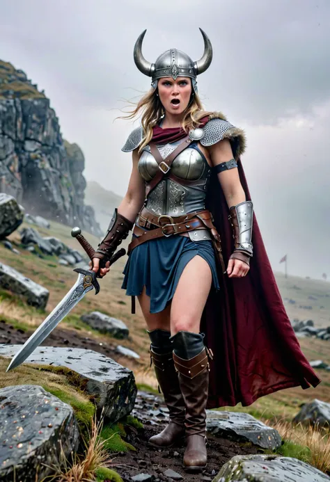 (medium full shot) of  (supermodel young woman:1.1) viking,             wearing Valkyrie attire with metal breastplate, flowing silk skirt, hide bracers, knee-high boots, vendel helmet surprised, open mouth, pointing her finger at the viewer,  .set in  Viking Battlefield, Foggy, muddy terrain with scattered boulders, weapons strewn across the ground, shields leaning against rocks, banners fluttering in the wind, distant shouts echoing through the mist  , at night, Masterpiece,best quality, photorealistic, amazing quality, very aesthetic, extremely detailed face,