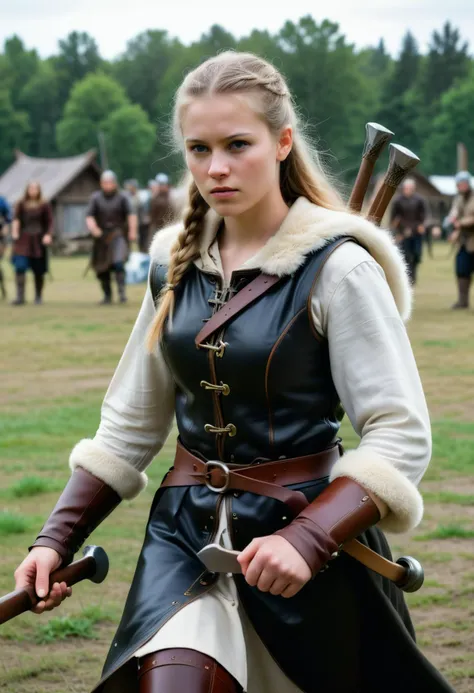 (cowboy shot) of (supermodel young woman:1.1) viking,             wearing Norse huntress attire with fur-trimmed leather vest, linen tunic, leather bracers, fur leggings, leather boots, antlered helmet, throwing axe with a short haft and balanced head,  set in  viking village, Training Grounds, Open field with straw targets for archery practice, warriors sparring with wooden swords, a group of youngsters learning basic combat techniques, the sound of battle cries echoing, and the sight of shield maidens honing their skills , at night. ,Masterpiece,best quality, photorealistic, amazing quality, very aesthetic, extremely detailed face,