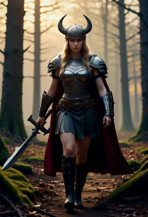 (medium full shot) of (desirable young woman:1.1) viking,             wearing Valkyrie warrior attire with metal breastplate, flowing silk skirt, leather bracers, knee-high boots, winged helmet, battle axe with a wooden shaft and steel head,  set in  Viking Battlefield, Dense forest clearing with ancient trees looming overhead, fallen logs serving as impromptu barriers, war cries muffled by the thick foliage, flickering torchlight casting eerie shadows, and the crunch of leaves underfoot amidst the chaos of battle  , at sunset. ,Masterpiece,best quality, photorealistic, amazing quality, very aesthetic, extremely detailed face,