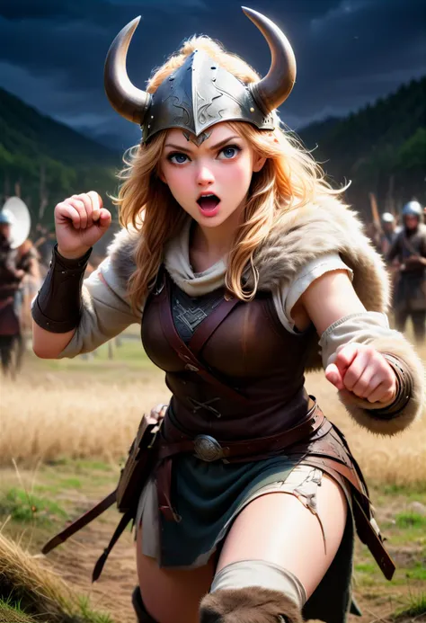 (medium full shot) of (vivacious young woman:1.1) viking,             wearing Norse huntress ensemble with fur-trimmed hide vest, linen tunic, hide bracers, fur leggings, hide boots, vendel helmet, Broad-bladed seax knife surprised, open mouth, pointing her finger at the viewer,  .set in  viking village, Training Grounds, Open field with straw targets for archery practice, warriors sparring with wooden swords, a group of youngsters learning basic combat techniques, the sound of battle cries echoing, the sight of shield maidens honing their skills , at night, ,Masterpiece,best quality, photorealistic, amazing quality, very aesthetic, extremely detailed face,