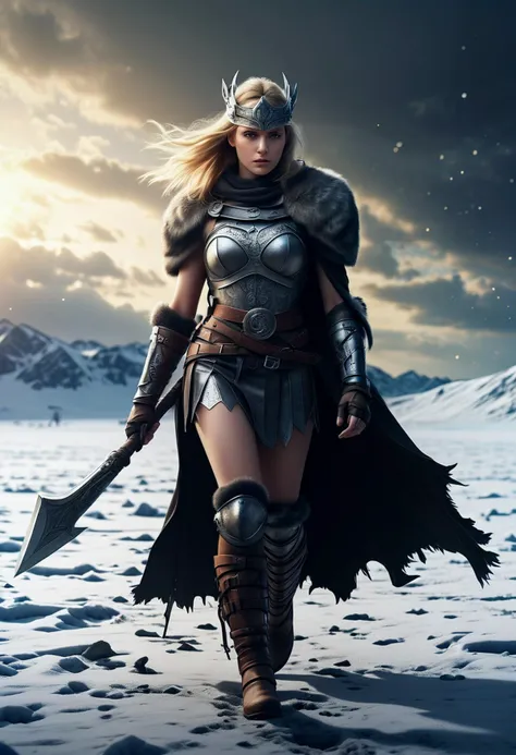 (medium full shot) of (supermodel young woman:1.1) viking,             wearing Valkyrie attire with metal breastplate, flowing silk skirt, leather bracers, knee-high boots, winged helmet, bearded axe with a curved blade and wooden handle,  set in  Viking Battlefield, Snow-covered landscape with hastily erected barricades, footprints marking the frozen ground, war drums pounding in the distance, smoldering fires emitting wisps of smoke, and the sound of steel clashing  , at night. ,Masterpiece,best quality, photorealistic, amazing quality, very aesthetic, extremely detailed face,