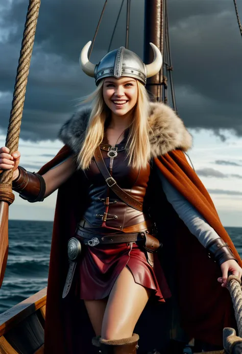 (medium full shot) of (supermodel young woman:1.1) viking,             wearing Viking princess attire featuring fur-trimmed dress, fur cloak, hide belt, fur-lined boots, crown helmet, axe and shield smiling at the viewer, making a victory sign with her hands,  .set in  viking boat Mast, Tattered sails straining against howling winds, mast creaking under the strain, brave sailors climbing to adjust rigging, ominous shadows dancing in the stormy darkness , at sunset, ,Masterpiece,best quality, photorealistic, amazing quality, very aesthetic, extremely detailed face,