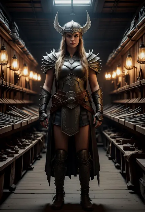 (medium full shot) of (angelic young woman:1.1) viking,             wearing Valkyrie attire with metal breastplate, flowing silk skirt, leather bracers, knee-high boots, winged helmet, bow with a sinew string and ash wood limbs,  set in  viking longhouse, Armory, Rows of weapons mounted on wooden racks, shields hanging on the walls, barrels of oil for weapon maintenance, a sturdy workbench littered with tools, and the clang of metal echoing as weapons are sharpened , at night. ,Masterpiece,best quality, photorealistic, amazing quality, very aesthetic, extremely detailed face,