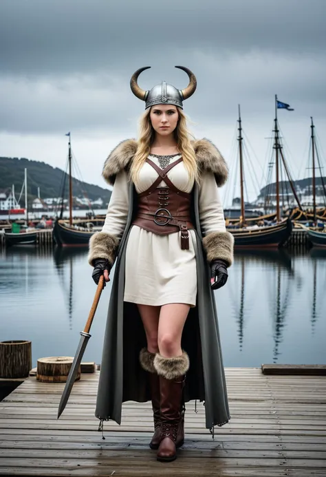 (medium full shot) of (attractive young woman:1.1) viking,             wearing Norse warrior queen regalia featuring fur-trimmed armor, linen gown, leather bracers, fur boots, crown helmet, spear with an ash wood shaft and iron spearhead,  set in  viking village, Dockside, Bustling waterfront with sturdy wooden docks, fishing boats moored along the shore, fishermen mending nets, seagulls circling overhead, and the salty breeze carrying the tang of the sea , at night. ,Masterpiece,best quality, photorealistic, amazing quality, very aesthetic, extremely detailed face,