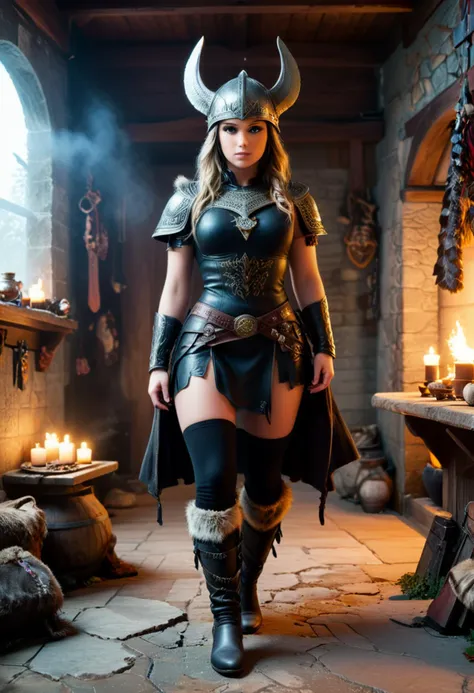 (medium full shot) of (gorgeous young woman:1.1) viking,             wearing Norse warrior costume featuring fur-trimmed leather armor, linen tunic, leather bracers, fur leggings, leather boots, raven-crested helmet, Dane axe with a long haft and heavy blade,  set in  viking longhouse, Sacred Space, Central altar adorned with offerings, intricate carvings decorating the walls, flickering candles casting a warm glow, animal skins laid out for prayer and meditation, and the faint scent of incense lingering in the air . ,Masterpiece,best quality, photorealistic, amazing quality, very aesthetic, extremely detailed face,