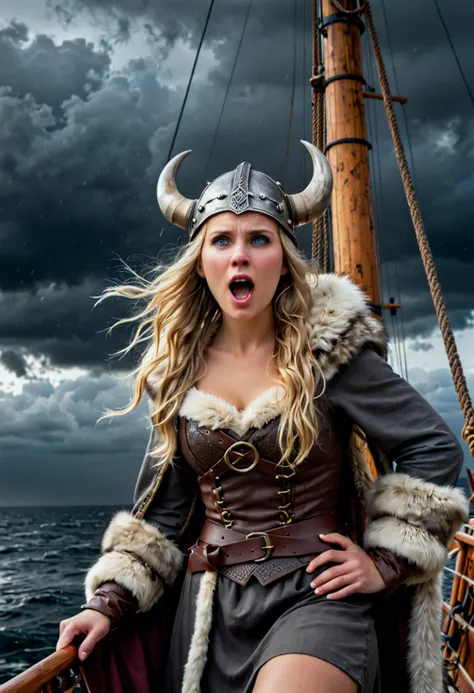 (medium full shot) of  (esthetic young woman:1.1) viking,             wearing Viking princess costume featuring fur-trimmed dress, fur cloak, hide belt, fur-lined boots, crown helmet surprised, open mouth, pointing her finger at the viewer,  .set in  viking boat Mast, Tattered sails straining against howling winds, mast creaking under the strain, brave sailors climbing to adjust rigging, ominous shadows dancing in the stormy darkness , at night, Masterpiece,best quality, photorealistic, amazing quality, very aesthetic, extremely detailed face,