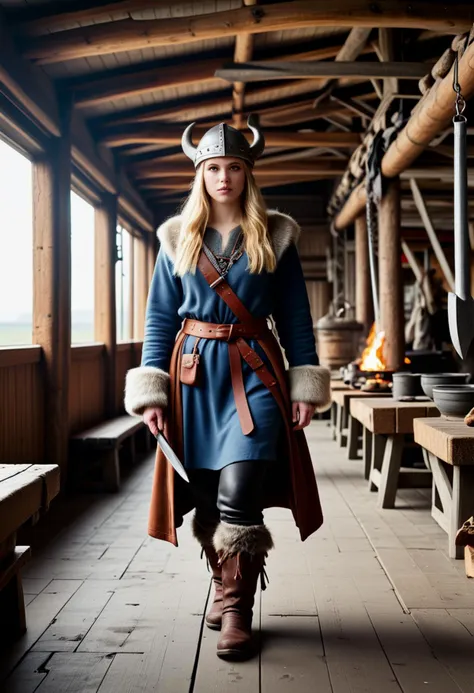 (medium full shot) of (esthetic young woman:1.1) viking,             wearing Viking explorer costume with fur-trimmed coat, woolen tunic, leather belt, wool trousers, leather boots, fur hat, battle axe with a wooden shaft and steel head,  set in  viking Longhouse, Massive timber structure with a roaring hearth, long wooden tables and benches, animal skins draped over beams, flickering torches on the walls, and the scent of smoked meat in the air , at sunset. ,Masterpiece,best quality, photorealistic, amazing quality, very aesthetic, extremely detailed face,