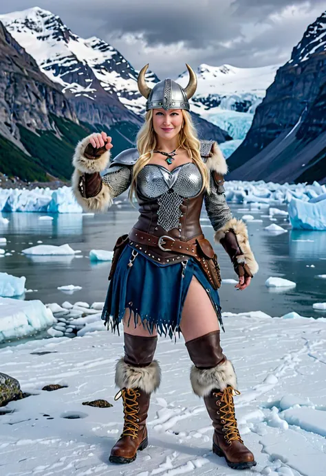 (medium full shot) of  (bonnie young woman:1.1) viking,             wearing Viking shieldmaiden ensemble with hide corset, chainmail skirt, hide bracers, fur boots, wolf-crested helmet smiling at the viewer, making a heart sign with her hands,  .set in  Fjord Glacier, Majestic glacier descending into the icy waters below, cracks and crevasses revealing hints of deep blue ice, the occasional sound of ice calving into the fjord with a thunderous roar , at night, Masterpiece,best quality, photorealistic, amazing quality, very aesthetic, extremely detailed face,