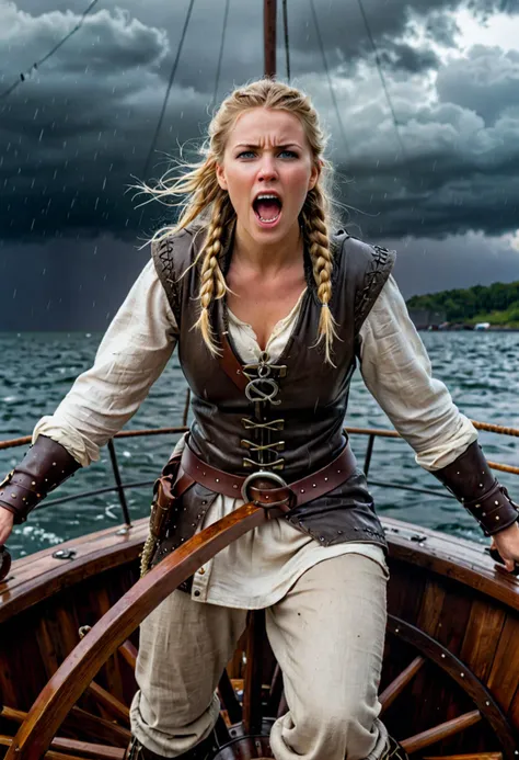 (medium full shot) of  (desirable young woman:1.1) viking,             wearing Seafaring raider costume with hide vest, linen tunic, hide bracers, linen trousers, hide boots, spangenhelm surprised, open mouth, she's making a (have to pee) pose,  .set in  viking boat Helm, Captain gripping the wheel with determination, rain-soaked sails billowing against a dark, turbulent sky, compass spinning wildly, lightning illuminating the chaos , Masterpiece,best quality, photorealistic, amazing quality, very aesthetic, extremely detailed face,