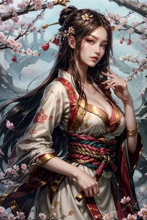 ((hyperrealistic, photorealistic, 8k, intricate details)) "(full body) masterpiece, a queen geisha, hot, samurai geisha, samurai goddess, flowing hair and fleshy lips, full breasts, thick thighs, silky skin, wearing a sexy pink and white armor kimono and chic (erotic), smiling (showing teeth) standing, seguuring a scepter, in a setting with trees and cherry blossoms and, contrasting with the blurred background,  with the light gliding gently across the face, in a dynamic and charming pose."
