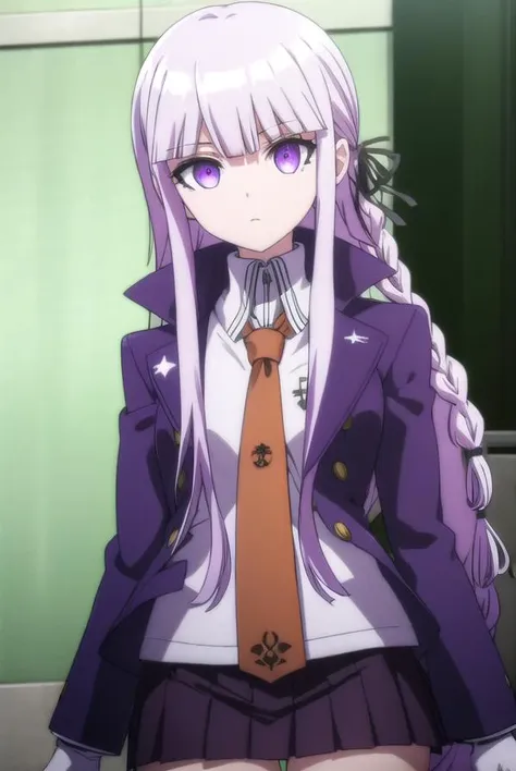 kyokokirigiri, <lora:kyouko kirigiri s1-lora-nochekaiser:1>,
kyouko kirigiri, long hair, bangs, ribbon, (purple eyes:1.1), hair ribbon, purple hair, braid, single braid, side braid,
BREAK skirt, shirt, gloves, long sleeves, jacket, white shirt, pleated skirt, open clothes, necktie, collared shirt, black skirt, open jacket, black jacket, black ribbon, brown necktie,
BREAK outdoors, classroom,
BREAK looking at viewer, (cowboy shot:1.5),
BREAK <lyco:GoodHands-beta2:1>, (masterpiece:1.2), best quality, high resolution, unity 8k wallpaper, (illustration:0.8), (beautiful detailed eyes:1.6), extremely detailed face, perfect lighting, extremely detailed CG, (perfect hands, perfect anatomy),