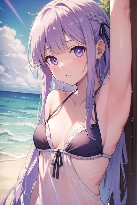 kyokokirigiri, <lora:kyokokirigiritest:1>, kyoko kirigiri, (braid:1.1), hair behind ear, long hair, (side braid:1.1), light purple hair, hair ribbon, ribbon, (purple eyes:1.1), (small breast:1.2),
BREAK bikini,
BREAK outdoors, beach,
BREAK looking at viewer,
BREAK <lora:GoodHands-vanilla:1>, (masterpiece:1.2), best quality, high resolution, unity 8k wallpaper, (illustration:0.8), (beautiful detailed eyes:1.6), extremely detailed face, perfect lighting, extremely detailed CG, (perfect hands, perfect anatomy),