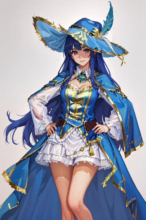 4K, Masterpiece, highres, absurdres,natural volumetric lighting and best shadows, smiling,deep depth of field,soft delicate beautiful attractive face,
edgMousquetaire, a woman dressed in a blue and gold costume,hat,feather on hat ,wearing edgMousquetaire,castle background, hand on hip,
<lora:edgMousquetaire:0.75>