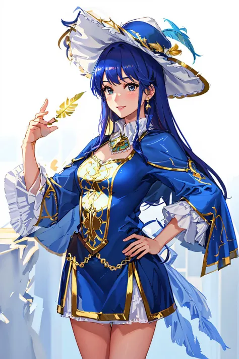4K, Masterpiece, highres, absurdres,natural volumetric lighting and best shadows, smiling,deep depth of field,soft delicate beautiful attractive face,
edgMousquetaire, a woman dressed in a blue and gold costume,hat,feather on hat ,wearing edgMousquetaire,castle background, hand on hip,
<lora:edgMousquetaire:0.75>