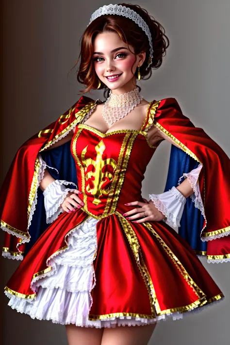 4K, Masterpiece, highres, absurdres,natural volumetric lighting and best shadows, smiling,deep depth of field,soft delicate beautiful attractive face,
edgMousquetaire, a woman dressed in a red and gold costume ,wearing edgMousquetaire,white background
<lora:edgMousquetaire:1>
