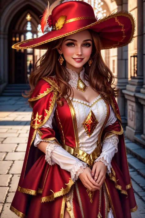 4K, Masterpiece, highres, absurdres,natural volumetric lighting and best shadows, smiling,deep depth of field,soft delicate beautiful attractive face,
edgMousquetaire, a woman dressed in a red and gold costume,hat,feather on hat ,wearing edgMousquetaire,castle background, hands behind back,
<lora:edgMousquetaire:0.75>
