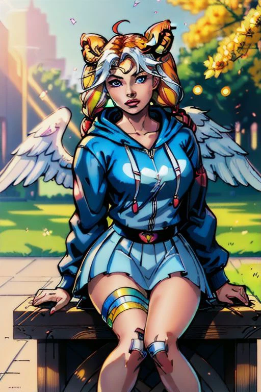 (masterpiece, best quality), 1girl, sitting, shadow, dappled sunlight, surreal, contemporary, mist, long hair, looking at viewer, blue eyes, black hair, hair ornament, bow, animal ears, hair between eyes, muticolored hair, superhero style, large breasts, curvy, voluptuous, jacket, braid, white hair, red hair, food, hood, twin braids, streaked hair, hoodie, fruit, bandaid, hooded jacket, hood up, multicolored eyes, strawberry, mouse ears, bandaid on face, cherry, bandaid on nose, mouse girl, cheese, sticker, outdoors KawaiiMoon KitchbytheBBQ LimitBreakStyler NagiDark ((extremely the best artwork in the world, but yet it's just a tribute))