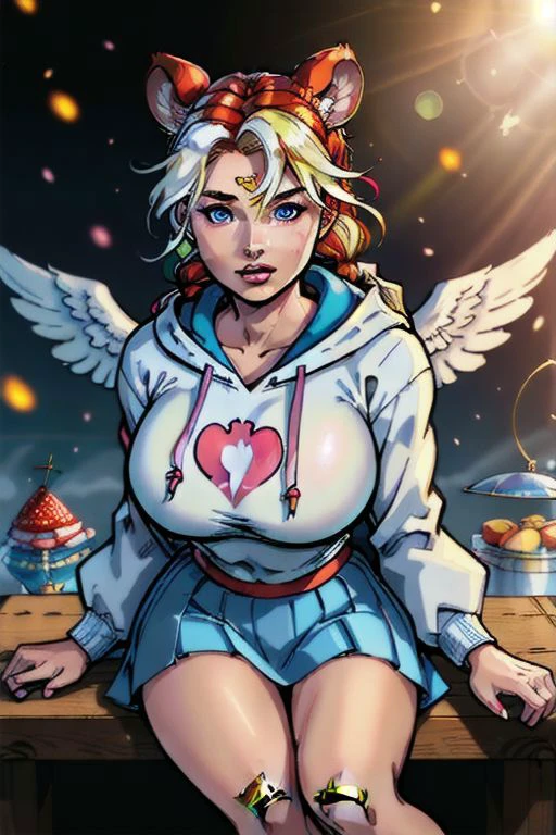 (masterpiece, best quality), 1girl, sitting, shadow, dappled sunlight, surreal, contemporary, mist, long hair, looking at viewer, blue eyes, black hair, hair ornament, bow, animal ears, hair between eyes, muticolored hair, superhero style, large breasts, curvy, voluptuous, jacket, braid, white hair, red hair, food, hood, twin braids, streaked hair, hoodie, fruit, bandaid, hooded jacket, hood up, multicolored eyes, strawberry, mouse ears, bandaid on face, cherry, bandaid on nose, mouse girl, cheese, sticker, outdoors KawaiiMoon KitchbytheBBQ LimitBreakStyler NagiDark ((extremely the best artwork in the world, but yet it's just a tribute))