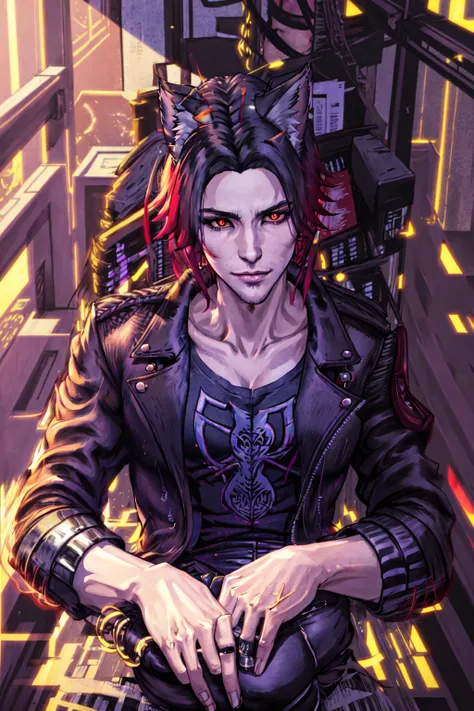 Ra'aelle Steel X'voor, 1boy, red eyes, colored sclera, black sclera, dark demon eyes, red hair, short hair, solo, animal ears, black hair, black jacket, cat ears, jacket, leather, leather jacket, lips, dynamic pose, dynamic angle, male focus, Best_QualityPos Earth-QualityPos LimitBreakStyler, <lora:Raaelle_Criss:0.8> Cent-Angle BadBoyVibes-GenderFree HellaineDark