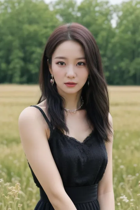 binnie1, a woman, (realistic), (hyperrealism), (photorealistic), depth of field, eye makeup:0.8, (upper body:1.2), (narrow waist), looking at the viewer, black dress, at the field, <lora:httpbinnie:0.45>