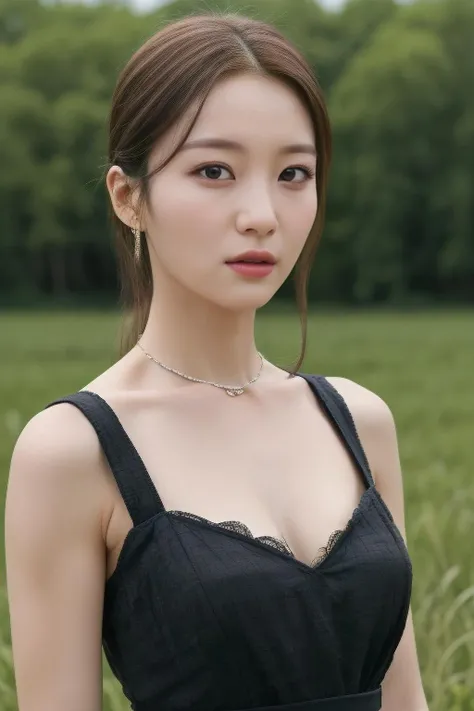 binnie1, a woman, (realistic), (hyperrealism), (photorealistic), depth of field, eye makeup:0.8, (upper body:1.2), (narrow waist), looking at the viewer, black dress, at the field, <lora:httpbinnie:0.45>