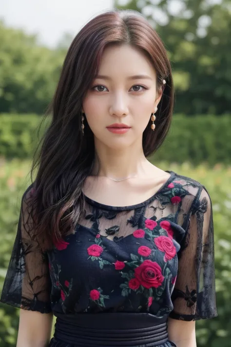binnie1 a woman, (realistic), (hyperrealism), (photorealistic), depth of field, adult, (upper body:1.2), ((narrow waist:1.2)), eye makeup:0.5, looking at the viewer, portrait photo, black sleeved dress, at the rose garden, <lora:httpbinnie:0.35>