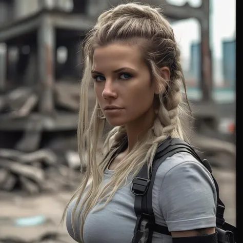 mature woman, in front of post-apocalyptic ruins, ((portrait, dirty face, close up, upper body, looking at the viewer)), ((cyberpunk armor)), post-apocalypse, long hair, braid, disdain, futuristic motives, detailed, realistic, destroyed city in background, god rays, reflection, raw, dramatic lighting, natalee, <lora:NataLeeXL:1.0>,