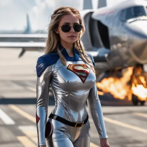 portrait, 1girl,cowboy shot, supergirl suit, bodysuit, superhero,volumetric light, particles, universe, realistic, looking at viewer,bright pupils, standing on an airport runway. burning plane in background, surrounded by flames, natural skin texture, 4k textures, soft cinematic light, RAW photo, photorealism, photorealistic, intricate, elegant, highly detailed, sharp focus, ((((cinematic look)))), soothing tones, insane details, intricate details, hyperdetailed, low contrast, soft cinematic light, dim colors, exposure blend, hdr, faded, natalee, <lora:NataLeeXL:1>